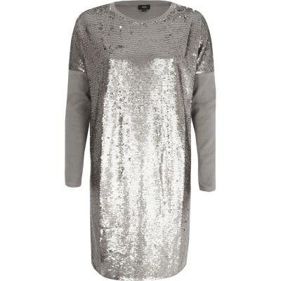 River Island Womens Silver Sequin Oversized Long Sleeve T-shirt