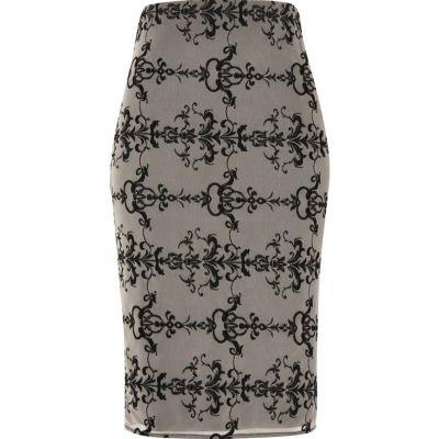River Island Womens Nude Embroidered Mesh Pencil Skirt