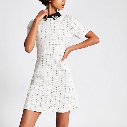 River Island Womens Boucle Embellished Collar Mini Dress