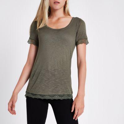 River Island Womens Round Neck Lace Trim T-shirt