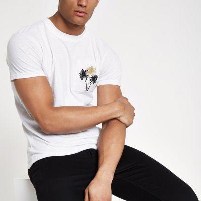 Mens Bellfield White Embroidered Pocket T-shirt