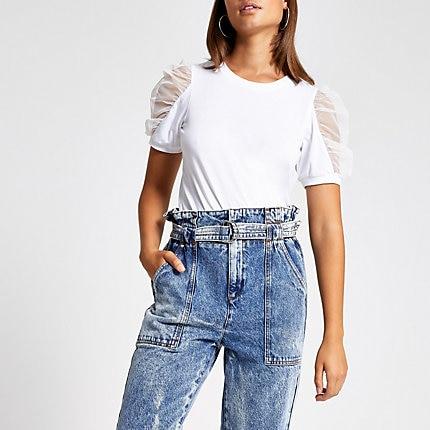 River Island Womens White Mesh Puff Short Sleeve T-shirt