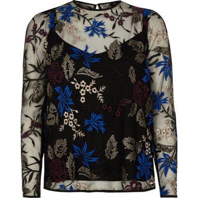 River Island Womens Floral Embroidered Mesh Top