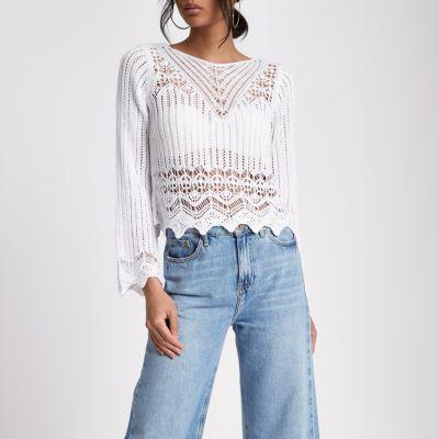River Island Womens White Crotchet Knit Tassel Crop Top