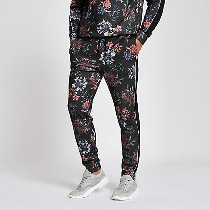 River Island Mens Floral Print Slim Fit Piped Joggers