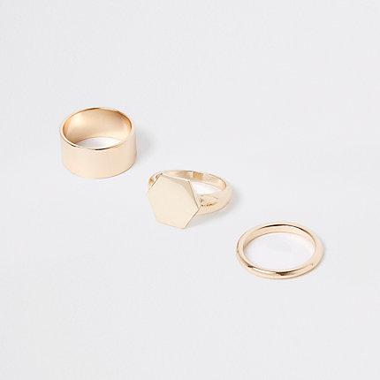River Island Womens Gold Tone Chunky Hexagon Ring Pack