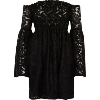 River Island Womens Lace Shirred Bardot Bell Sleeve Dress