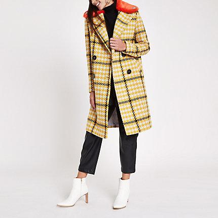 River Island Womens Check Faux Fur Collar Coat