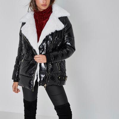 River Island Womens High Shine Faux Fur Aviator Jacket