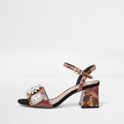 River Island Womens Snake Rhinestone Block Heel Sandals