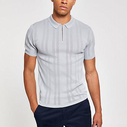 River Island Mens Muscle Fit Textured Zip Neck Polo Shirt