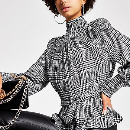 River Island Womens Check High Neck Tie Belted Blouse