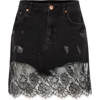 River Island Womens Ripped Lace Hem Denim Skirt