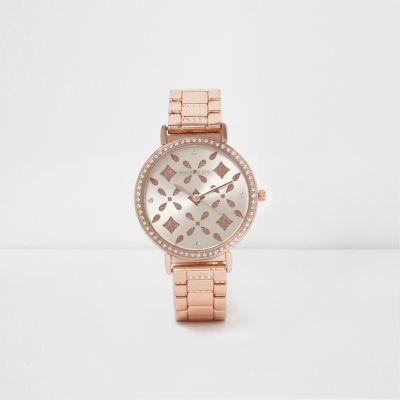 River Island Womens Rose Gold Tone Laser Cut Diamante Watch