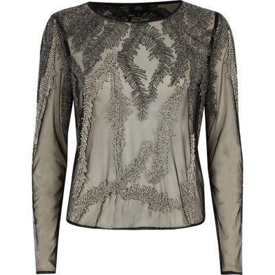 River Island Womens Feather Bead Embellished Mesh Top