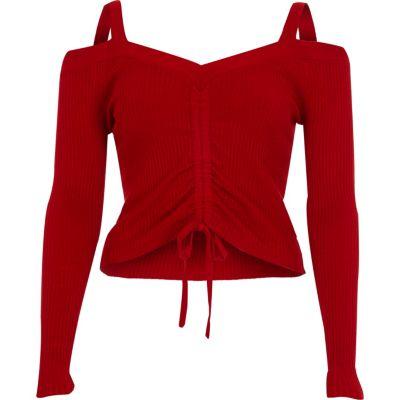 River Island Womens Ruched Front Fitted Bardot Knit Top