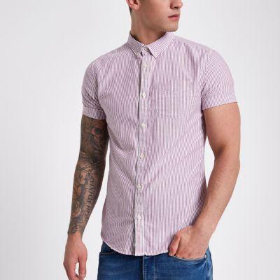 River Island Mens Berry Stripe Short Sleeve Oxford Shirt