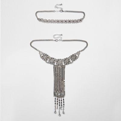 River Island Womens Silver Tone Drop Statement Choker Set