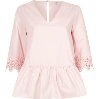 River Island Womens Crochet Trim Sleeve Peplum Hem Top
