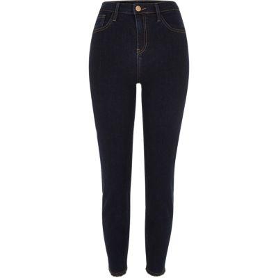 River Island Womens Dark Wash High Rise Frayed Lori Skinny Jeans
