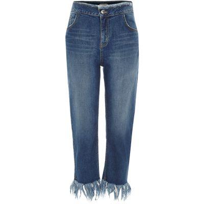 River Island Womens Wash Frayed Cropped Boyfriend Jeans