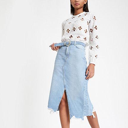 River Island Womens Belted A Line Midi Denim Skirt