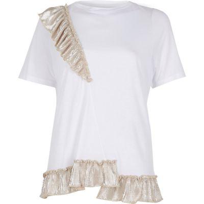 River Island Womens White Metallic Asymmetric Frill T-shirt