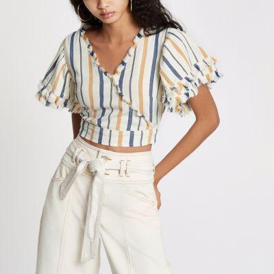 River Island Womens Stripe Denim Wrap Frayed Trim Crop Top
