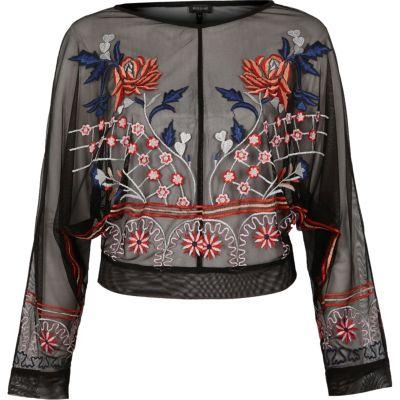 River Island Womens Mesh Floral Embroidered Batwing Top