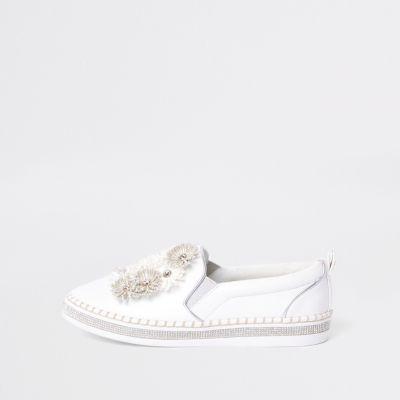 River Island Womens White Floral Slip On Chunky Plimsolls