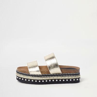 River Island Womens Gold Metallic Embellished Flatform Sliders