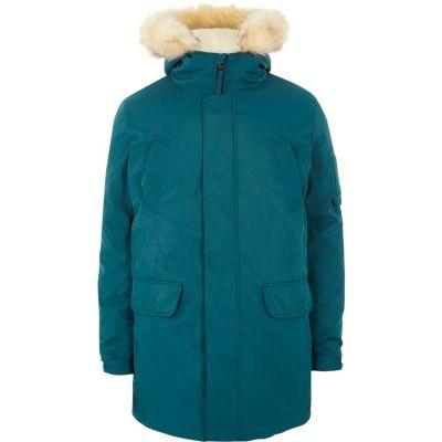 River Island Mens Blue Green Faux Fur Trim Hooded Parka