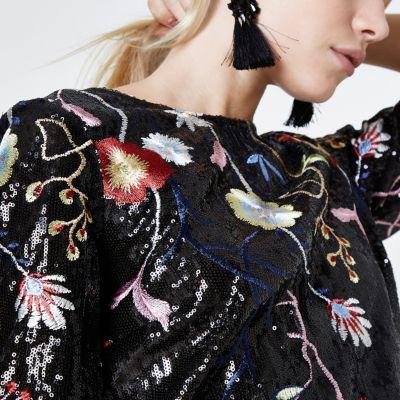 River Island Womens Petite Floral Embroidered Sequin Top