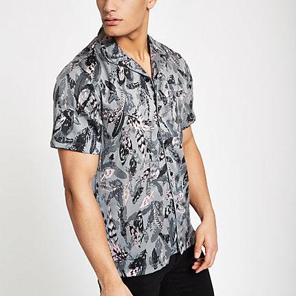 River Island Mens Green Feather Print Satin Revere Shirt