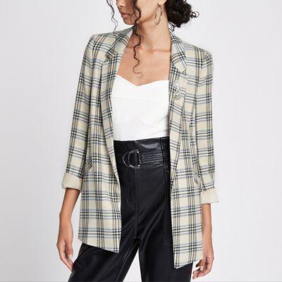River Island Womens Check Ruched Sleeve Brooch Blazer