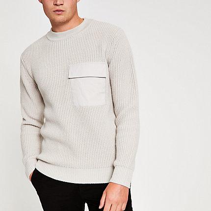 River Island Mens Woven Chest Pocket Crew Neck Jumper