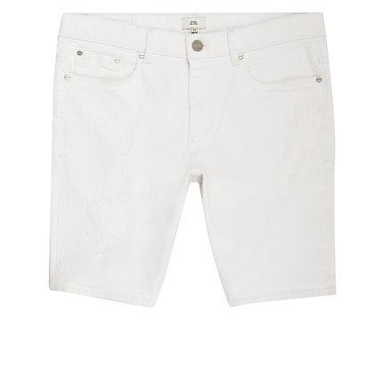 River Island Mens White Ripped Skinny Denim Shorts