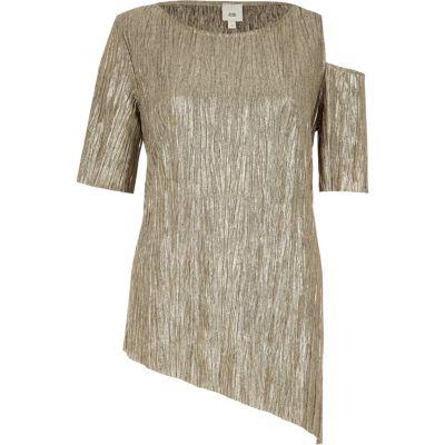 River Island Womens Gold Asymmetric Hem And Cold Shoulder T-shirt