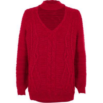 River Island Womens Choker Neck Cable Knit Sweater