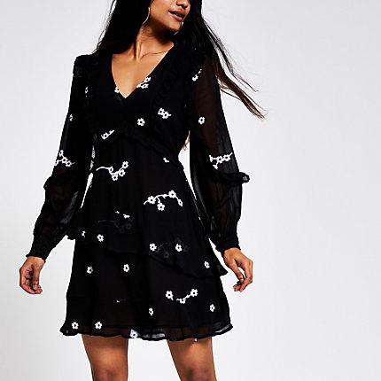River Island Womens Petite Daisy Embroidered Frill Dress