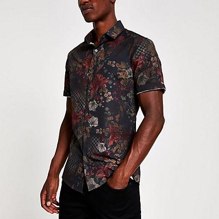 River Island Mens Floral Short Sleeve Slim Poplin Shirt