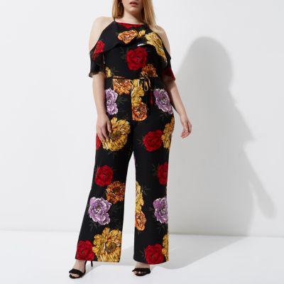 River Island Womens Plus Floral Cold Shoulder Jumpsuit