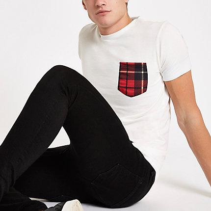 Mens Criminal Damage White Check Pocket T-shirt