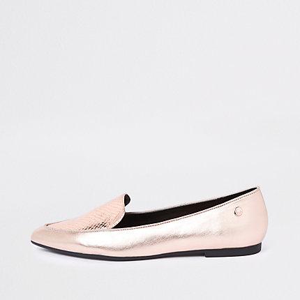 River Island Womens Gold Pointed Toe Croc Flat Shoes