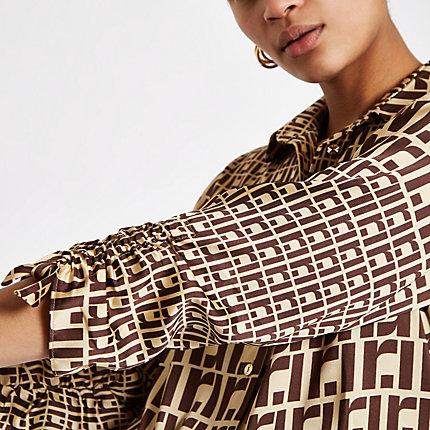 River Island Womens Ri Monogram Ruched Sleeve Blouse