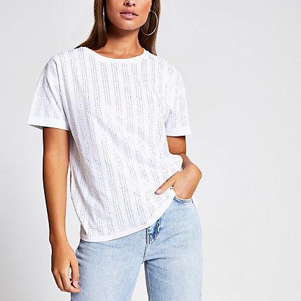 River Island Womens White Diamante Stripe Loose Fit T-shirt