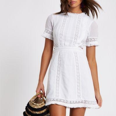 River Island Womens White Crochet Trim Cut Out Mini Dress