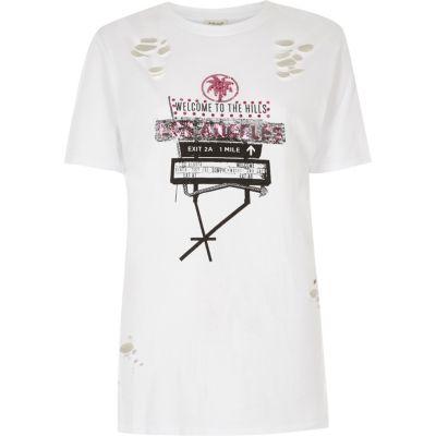 River Island Womens White Hills Print Distressed Boyfriend Tee