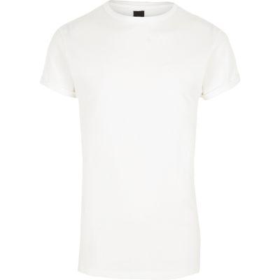 River Island Mens White Pique Crew Neck Rolled Sleeve T-shirt