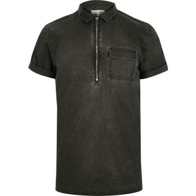 River Island Mens Washed Zip Neck Short Sleeve Shirt